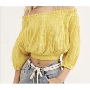 Free People Women Dancing Til Dawn Cropped Top Butter Yellow Sz XS‎ Peasant Boho
